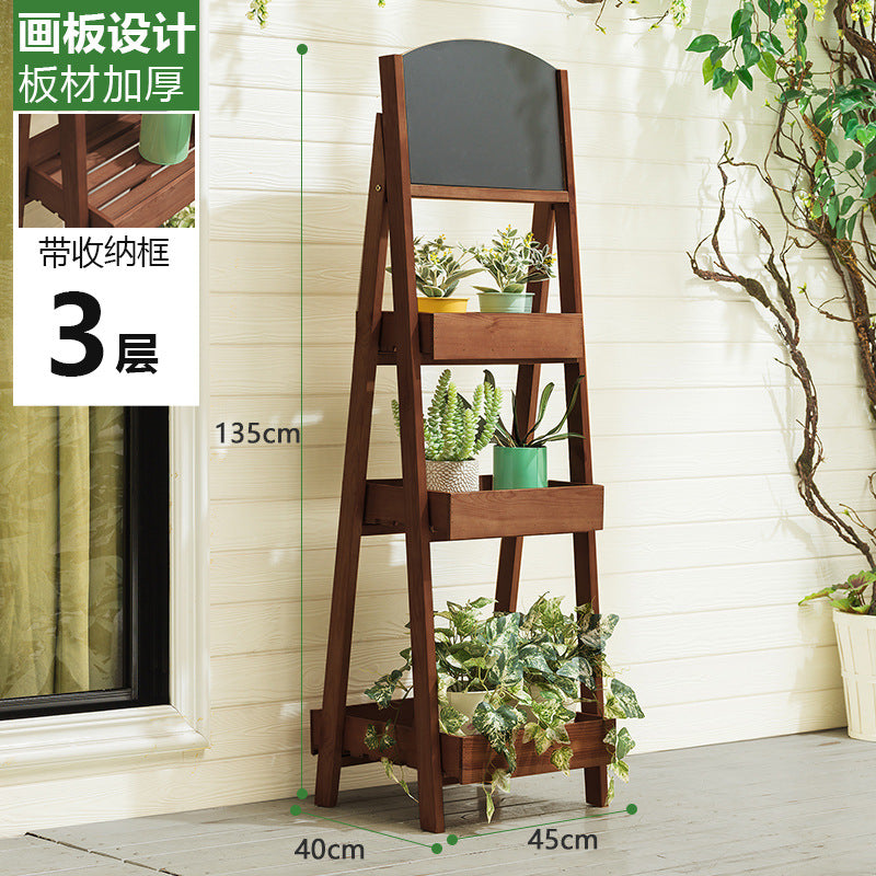 阳台实木花架室内花盆陈列植物架落地可折叠多功能置物架黑板Balcony solid wood plant stand, indoor plant pot display, floor-standing foldable multi-purpose storage rack with blackboard