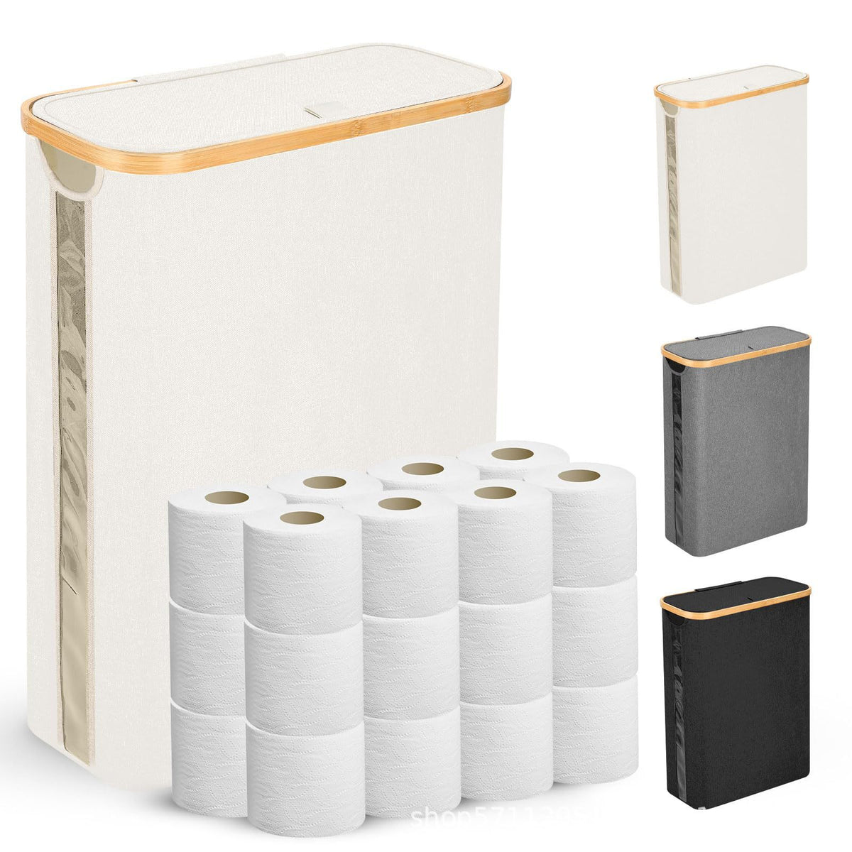 厕纸储存篮带盖50L纸卷收纳箱可透视整理器大容量收纳竹制Toilet roll storage basket with lid, 50L roll organiser, see-through, large-capacity, bamboo