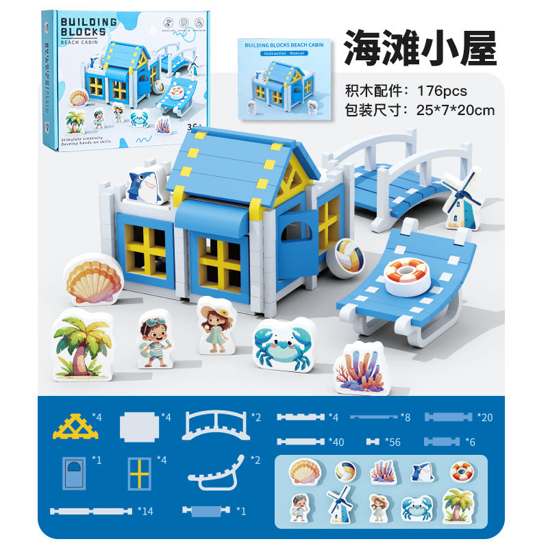 儿童木制鲁班榫卯小屋积木动手拼搭小小建筑师拼装建构益智玩具Children’s Wooden Lu Ban Mortise-and-Tenon Cottage Building Blocks: Hands-on Assembly for Little Architects – Educational Construction Toy